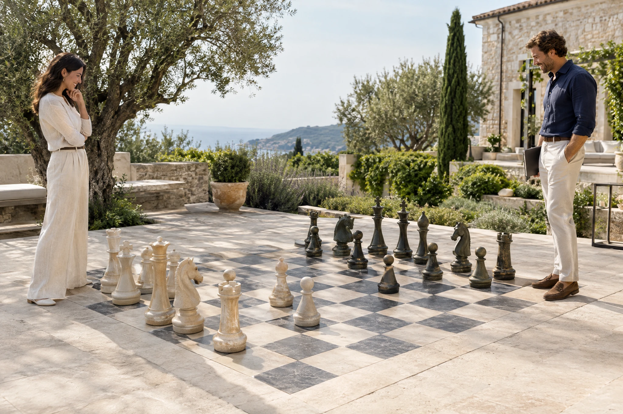Decorative outdoor chess robot concepts with concealed mechanisms in a daylight garden