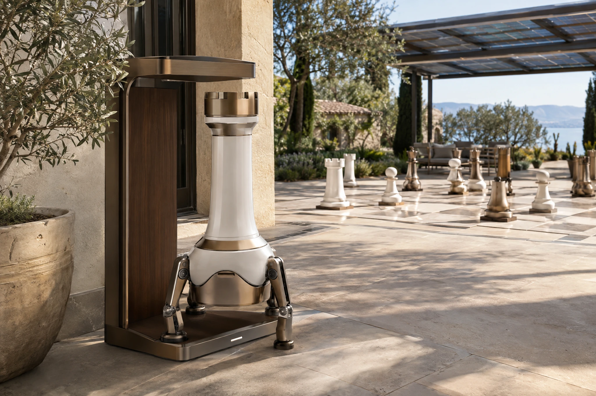 Legged pearl-white rook concept at a sheltered charging station beside a residence, with a garden chessboard in the background