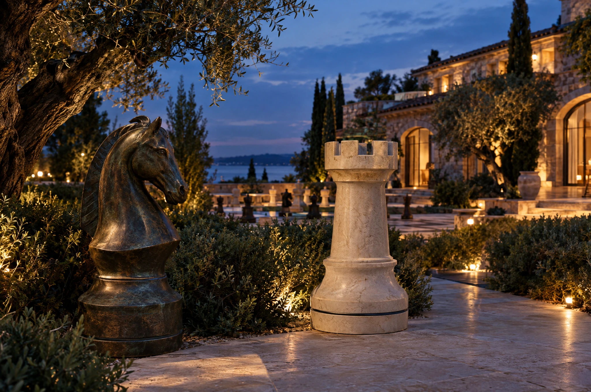 Decorative chess-piece concepts blending into a private estate while parked in night monitoring mode