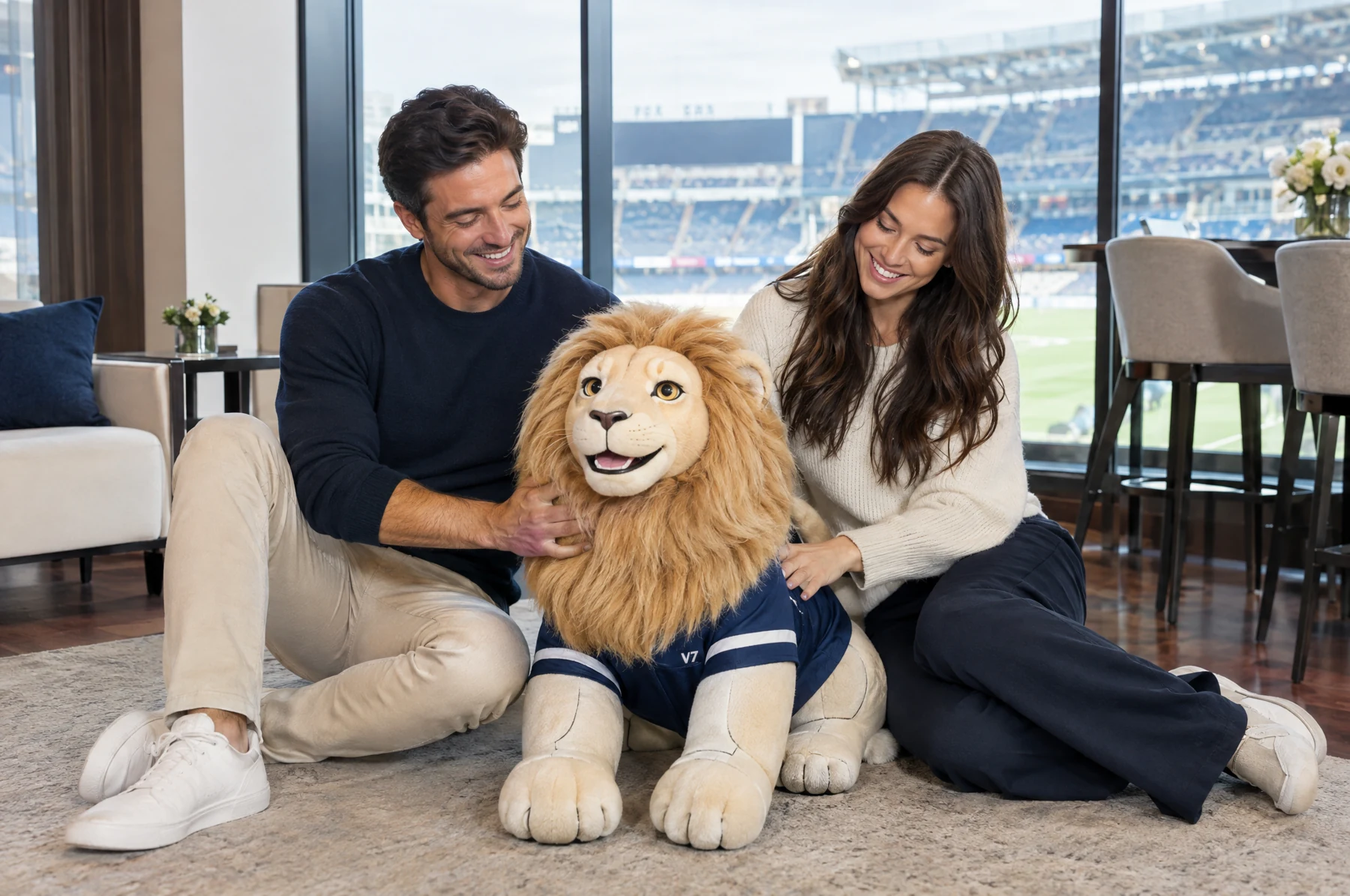 Gridiron Lion soft robot concept with smiling people, shown without cropping